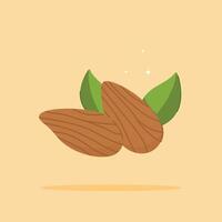 Minimalist Almonds. Flat Illustration of Crispy Almond Snacks with leaves vector