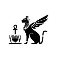 Silhouette of the ancient Egyptian god of sacred animals, the sphinx cat with wings and soul side view as a symbol of protection vector