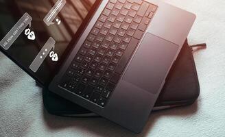Laptop screen with chatbot on it. Robot application for conversation assist. AI Artificial Intelligence concept. photo