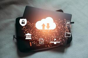 Laptop with cloud computing diagram. Data storage. Networking and internet service concept. photo