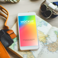 Smartphone Mockup Travel App Design Adventure Planning Colorful Gradient Background World Map psd