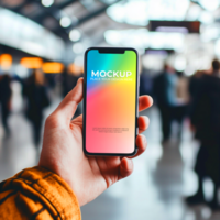 Vibrant Smartphone Mockup Colorful App Presentation in Busy Urban Setting psd