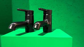 Twin chrome faucets gleaming against surreal emerald backdrop, plumbing artistry meeting eco futurism, perfect for World Water Day celebration photo