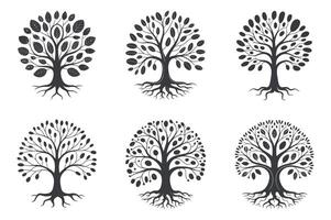 Set of Six Tree Illustrations with Different Leaf Shapes and Root Designs in Black and White for Graphic Design Projects and Creative Applications vector