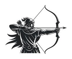 Monochrome Illustration of a Medieval Archer Aiming with a Bow and Arrow Isolated on a White Background Ready to Strike vector