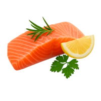 Fresh raw salmon slice with lemon and parsley isolated on transparent background png