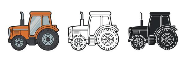 Set of Three Tractor Icons in Different Styles Colored Outline and Silhouette Representing Farming Agriculture and Heavy Machinery for Agricultural Work vector