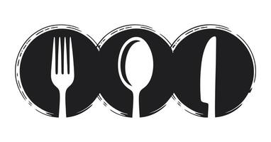 Stylized Black and White Cutlery Icon with Fork Spoon and Knife in Circular Frames for Restaurant or Culinary Design Projects vector