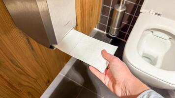 A contemplative moment in lavatory zen, hand reaching for paper during World Toilet Day, serene restroom exchange photo