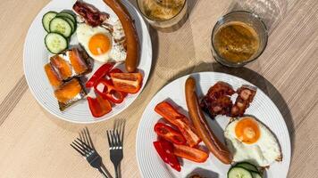 A jubilant breakfast symphony with sizzling sausages and eggs evokes Oktoberfest joy, pairing with vibrant Nordic midsummer feasts photo