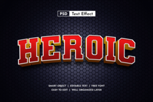 Heroic valiant 3D text effect. Strong font style with futuristic edge. Superhero themed design psd