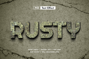 Premium realistic rust 3D text effect. Editable vintage font style for grunge logos. High quality metallic aged design psd