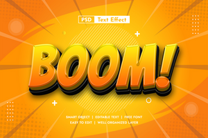 Comic explosion 3D text effect. Bold vibrant font style for action. Bright radial background psd