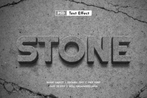 Premium realistic stone 3D text effect. Editable solid font style for strong designs. High quality rough rock texture psd