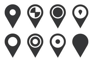 Set of Eight Different Black Map Pointer Icons on a White Background Representing Location Navigation and Direction for Web Design and Mobile Applications vector