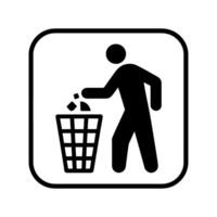 Simple Black and White Icon of Person Throwing Trash in Bin for Cleanliness and Waste Disposal vector