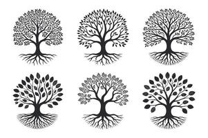 Collection of Six Stylized Tree of Life Illustrations with Varying Leaf Styles and Root Systems Presented as Black Silhouettes on a White Background vector