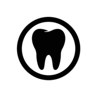 A simple black silhouette of a tooth is centered within a circular border cutouts png