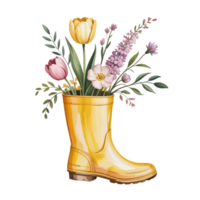 A vibrant yellow rain boot is whimsically repurposed as a planter for an array of colorful flowers, including tulips and other blossoms. cutouts png
