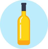 Yellow wine bottle with dark top on blue circle background. Alcohol drink icon for bar, menu, wine list vector