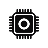 A minimalist black icon depicts a microchip with a central circle and radiating lines reminiscent of circuit connections. cutouts png