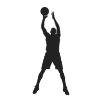 A silhouette of a basketball player is depicted in a jumping action, reaching upward with a ball in their hands cutouts png