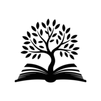 A stylized black tree with abundant leaves grows from an open book, symbolizing knowledge and growth cutouts png