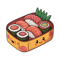 A delightful bento box is filled with various sushi pieces, including nigiri and maki, adorned with a cheerful face on the side of the container. cutouts png
