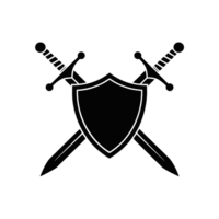 A black silhouette of a shield is featured with two crossed swords behind it, conveying a sense of strength and protection cutouts png