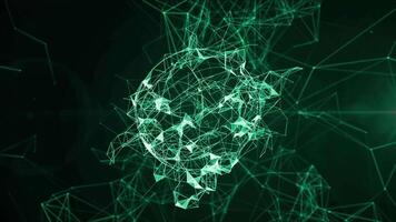 Abstract green network sphere with connecting lines in digital dark space video