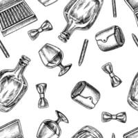 Seamless men s-themed pattern. Cognac, a purse, cigars and a bow tie. Handmade illustration. Black and white image. For textiles, printing, wrapping paper, packaging and more. vector