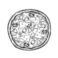 Round pizza with shrimp and cheese. graphics, hand-drawn black and white illustrations. Isolate on a white background. For recipes, menus, pizzeria decoration, packaging, and more. vector