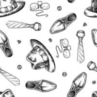 Seamless men s-themed pattern. A man s hat, boots, and tie. Handmade illustration. Black and white image. For textiles, printing, wrapping paper, packaging and more. vector