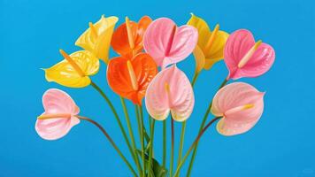 A vase with colorful flowers on a blue background photo