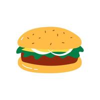 Cheeseburger isolated illustration, fast food element. Classic hamburger with cheese, onion, lettuce and beef patty. Simple burger object, flat and doodle. vector