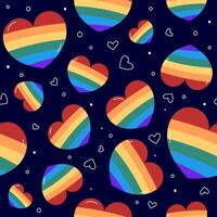 LGBT pattern, seamless background. Cute heart shapes, rainbow flags. Pattern with sexual minorities symbol. Hand drawn elements. Pride Month repeat illustration. vector