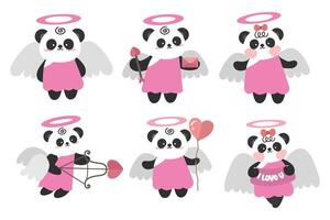 Set of Little cute cupid panda. Set of elements in romantic style. Suitable for decorative elements for invitatition, clip art, sticker, etc vector