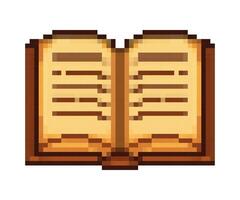 Open pixel art book icon with brown cover and text lines for reading, gaming, illustration vector