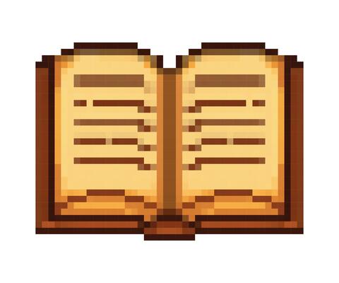 Open pixel art book icon with brown cover and text lines for reading, gaming, illustration