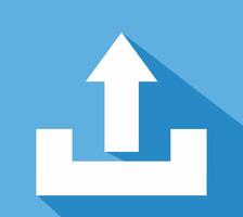 A blue color full flat with shadow square simple upload icon in the form of a black upward arrow and a black line as a sign that the file or document has been uploaded vector