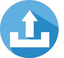 A blue color round circle full flat with shadow simple upload icon in the form of a black upward arrow and a black line as a sign that the file or document has been uploaded vector