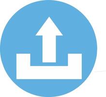 A blue color round circle simple upload icon in the form of a black upward arrow and a black line as a sign that the file or document has been uploaded vector