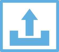 A blue color square frame simple upload icon in the form of a black upward arrow and a black line as a sign that the file or document has been uploaded vector