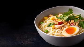 Delicious Asian style noodle soup with soft boiled egg fresh herbs and vegetables served in a white bowl on dark background delicious comfort food photo