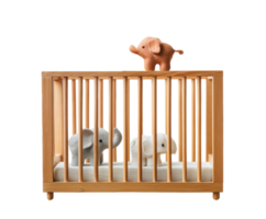 Decorative nursery with elephant toys in wooden crib design png