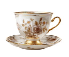 Elegant china tea cup and saucer with floral design for afternoon tea png