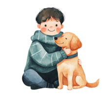 Boy hugging golden retriever with a joyful expression png