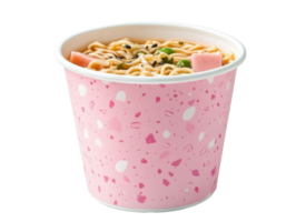 Delicious bowl of noodles in a trendy pink takeout container png