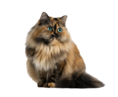 Fluffy cat with striking blue eyes and colorful fur png