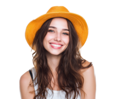 Smiling woman in yellow hat enjoying summer vibes png